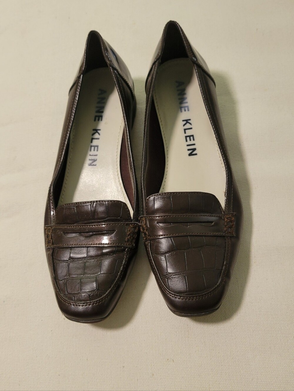 Anne Klein Dark Brown Croc-Embossed Leather Loafers